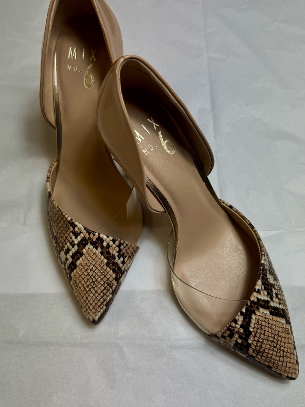 Mix No. 6 Nude Beige Pointed D'Orsay Pumps with Snake Print Toe
